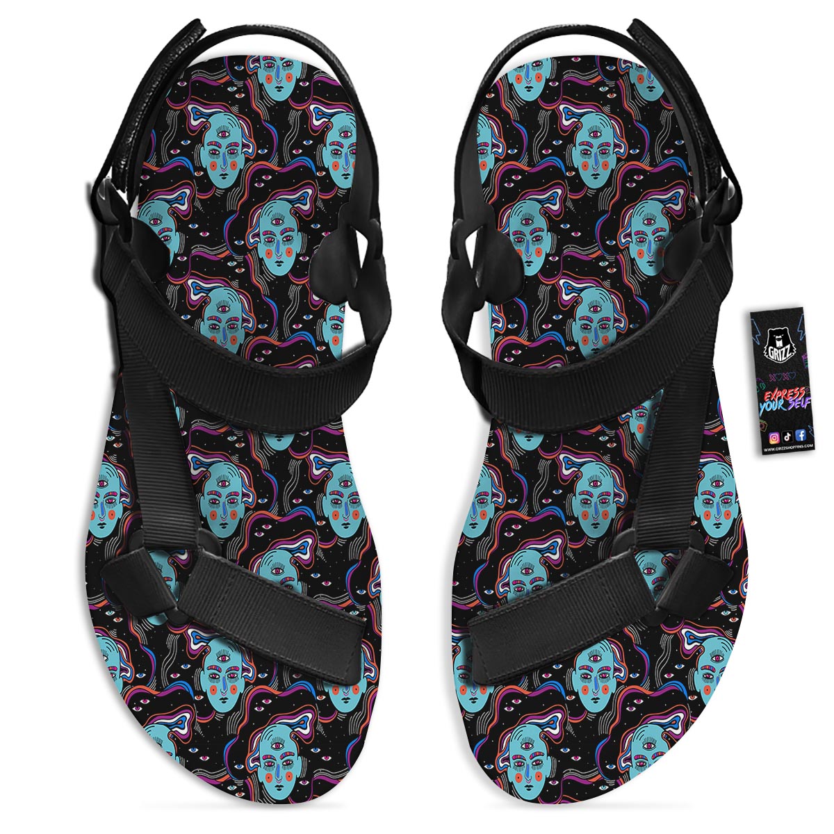 Psychedelic Hippie Retro Print Pattern Black Open Toe Sandals-grizzshop
