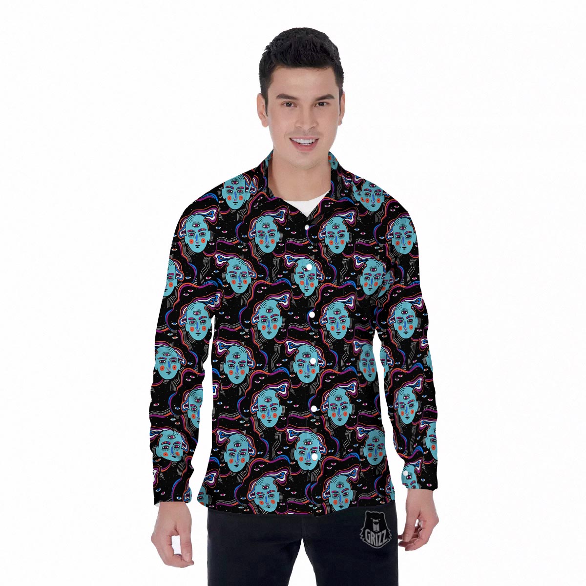 Psychedelic Hippie Retro Print Pattern Men's Long Sleeve Shirts-grizzshop