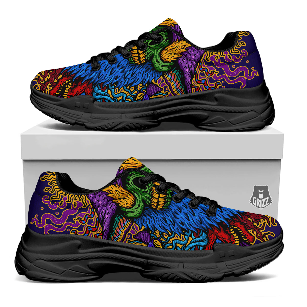 Psychedelic Magic Mushroom Print Black Chunky Shoes-grizzshop