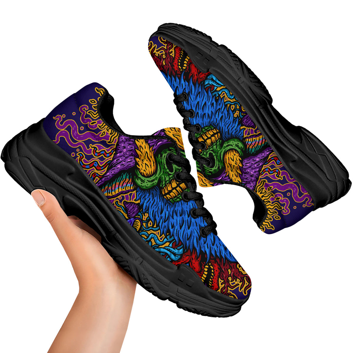 Psychedelic Magic Mushroom Print Black Chunky Shoes-grizzshop