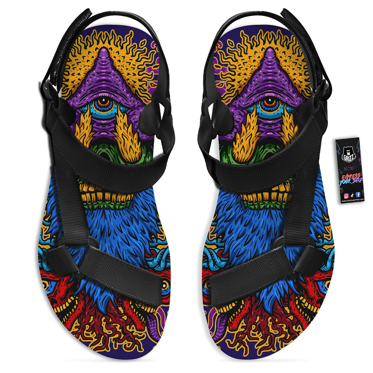 Psychedelic Magic Mushroom Print Black Open Toe Sandals-grizzshop