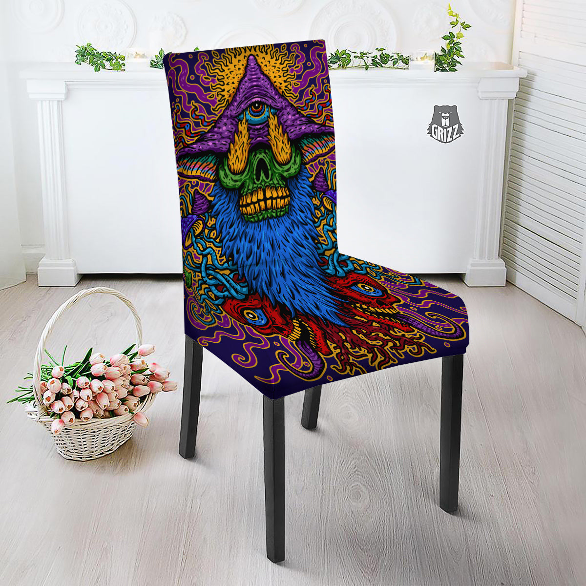 Psychedelic Magic Mushroom Print Dining Chair Slipcover-grizzshop