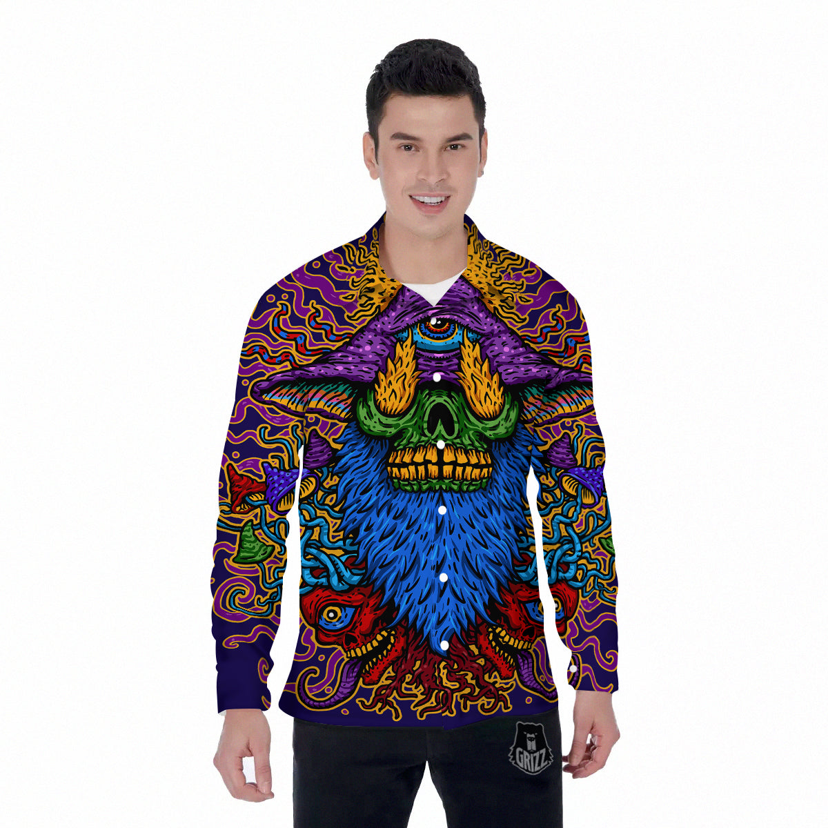 Psychedelic Magic Mushroom Print Men's Long Sleeve Shirts-grizzshop