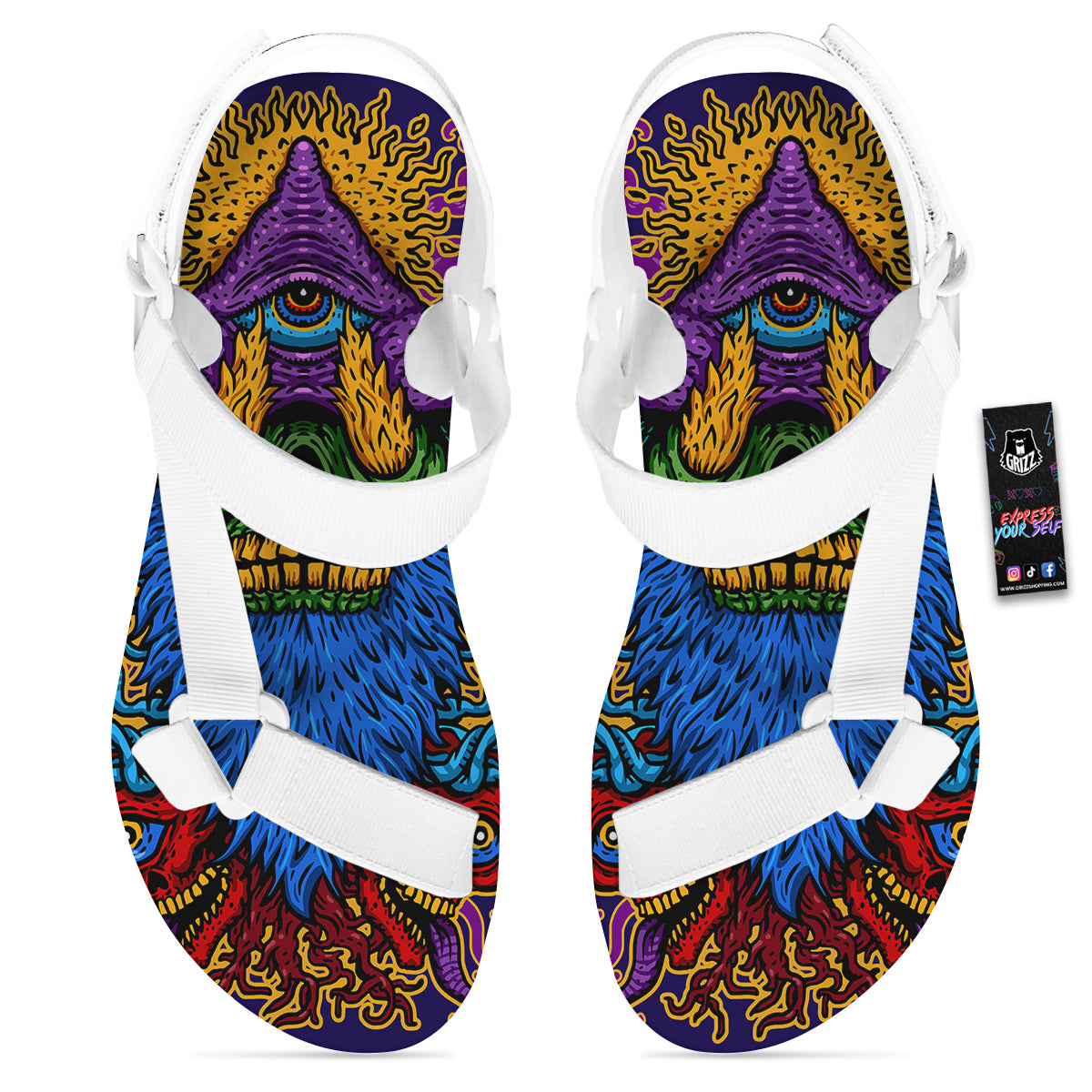 Psychedelic Magic Mushroom Print White Open Toe Sandals-grizzshop