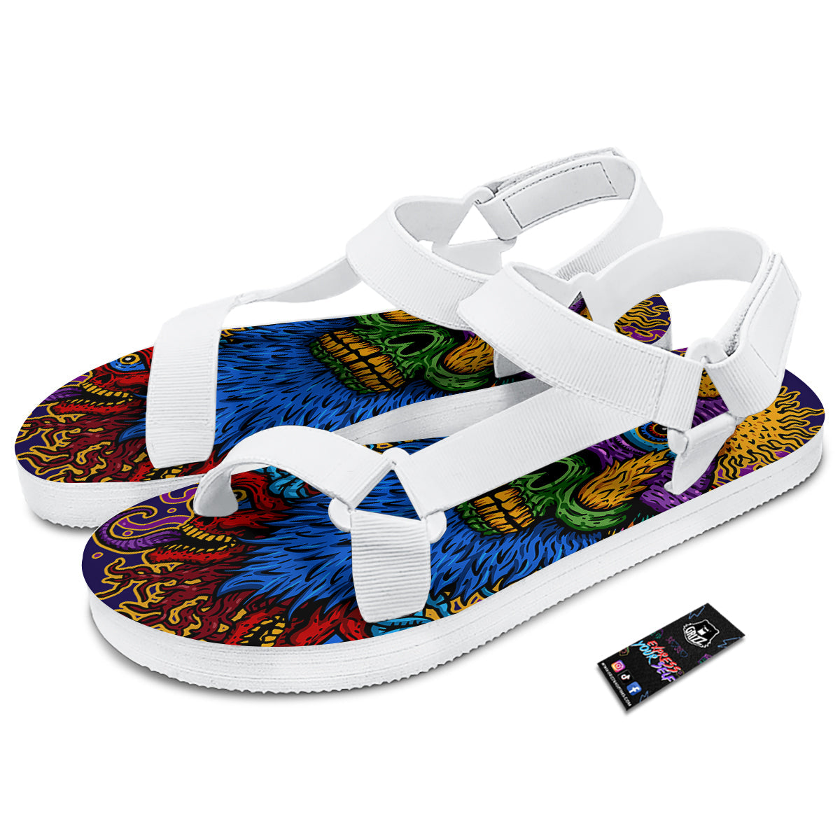 Psychedelic Magic Mushroom Print White Open Toe Sandals-grizzshop