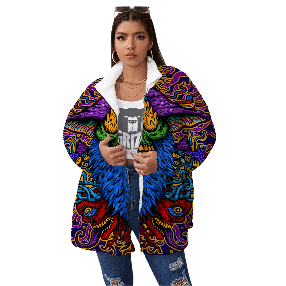 Psychedelic Magic Mushroom Print Women's Sherpa Jacket-grizzshop
