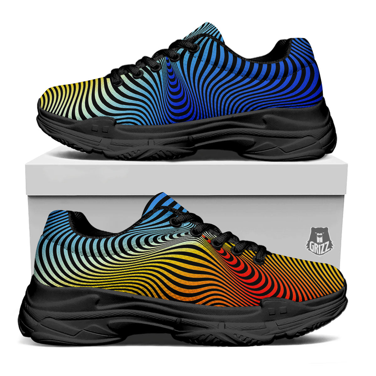Psychedelic Optical Vibrant Illusion Black Chunky Shoes-grizzshop