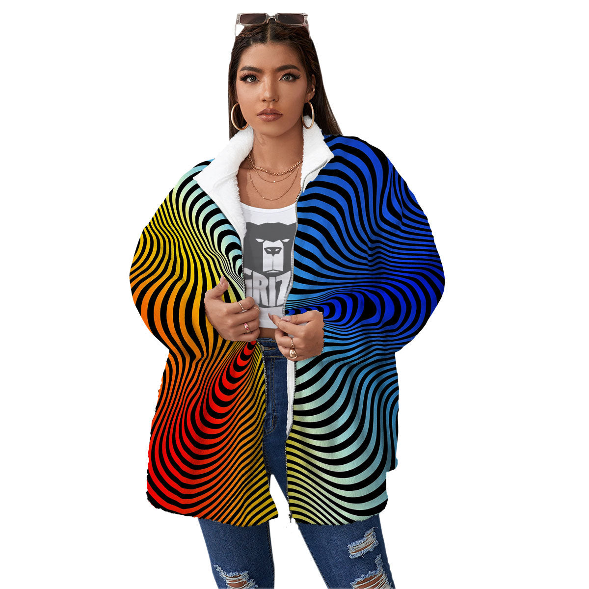 Psychedelic Optical Vibrant Illusion Women's Sherpa Jacket-grizzshop