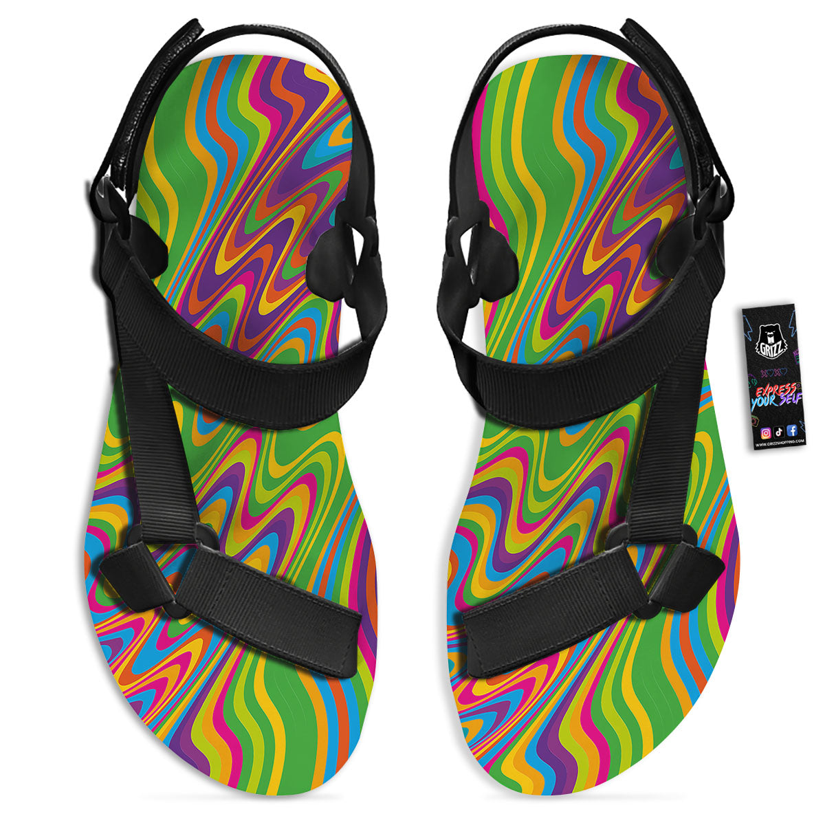 Psychedelic Rainbow Print Pattern Black Open Toe Sandals-grizzshop