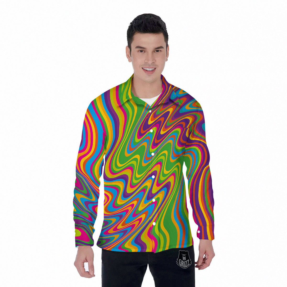Psychedelic Rainbow Print Pattern Men's Long Sleeve Shirts-grizzshop