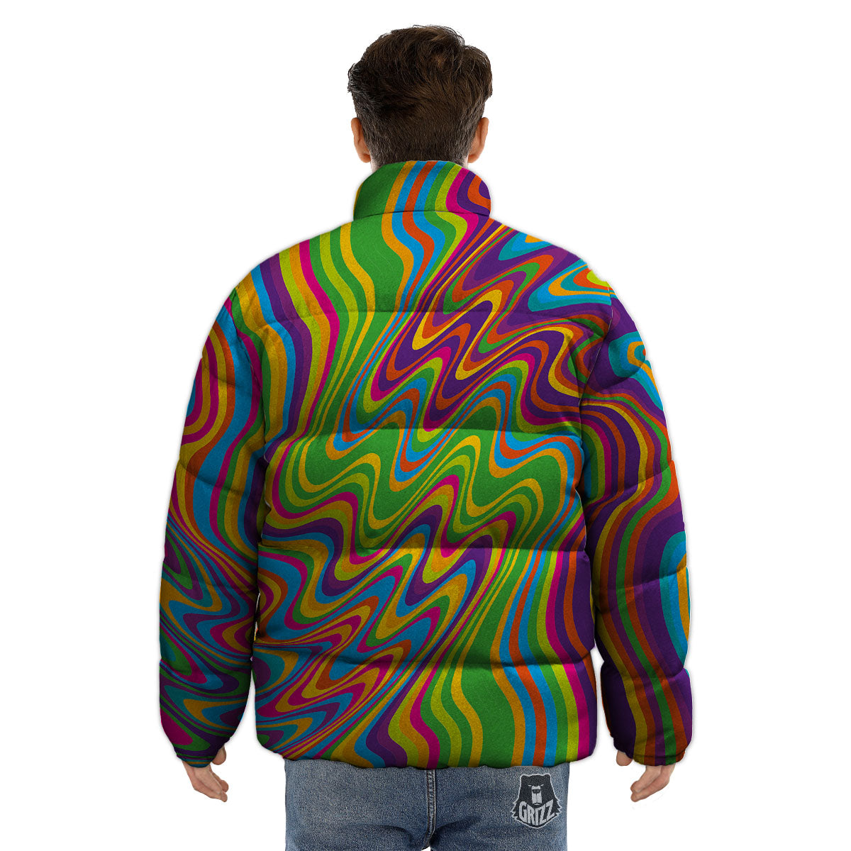 Psychedelic Rainbow Print Pattern Puffer Jacket-grizzshop
