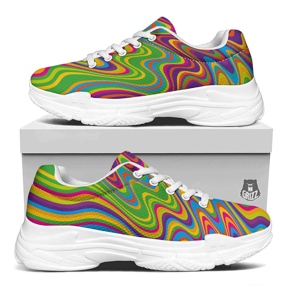 Psychedelic Rainbow Print Pattern White Chunky Shoes-grizzshop