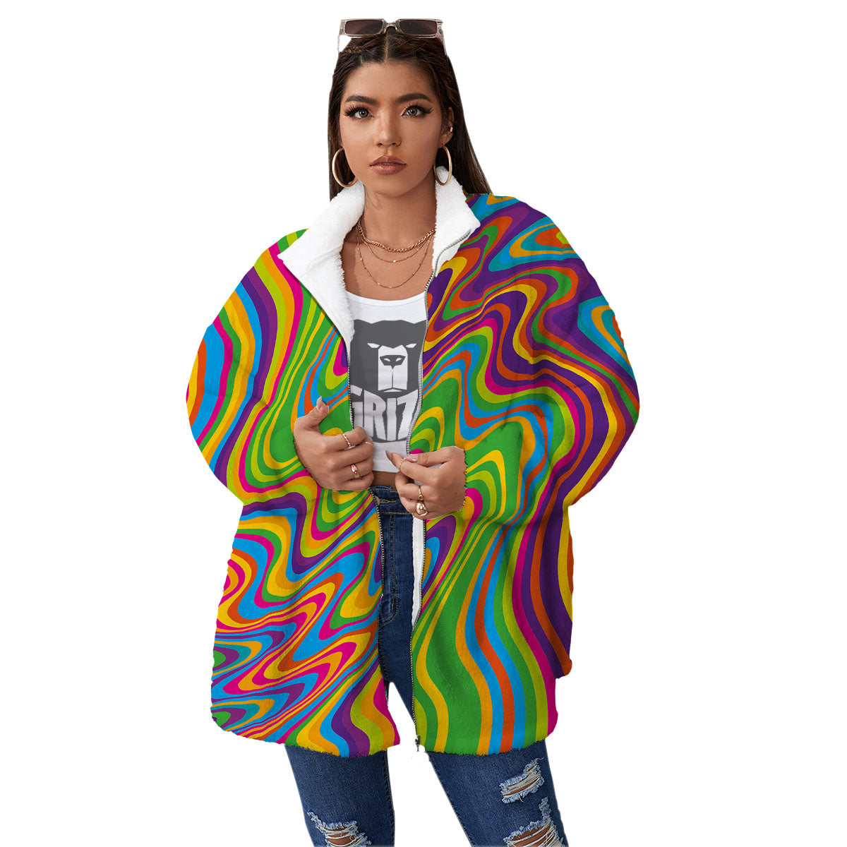 Psychedelic Rainbow Print Pattern Women's Sherpa Jacket-grizzshop