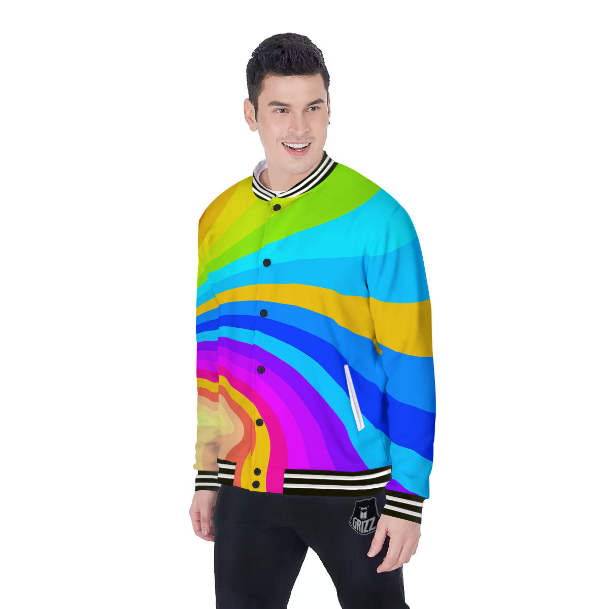 Psychedelic Rainbow Torus Print Baseball Jacket-grizzshop