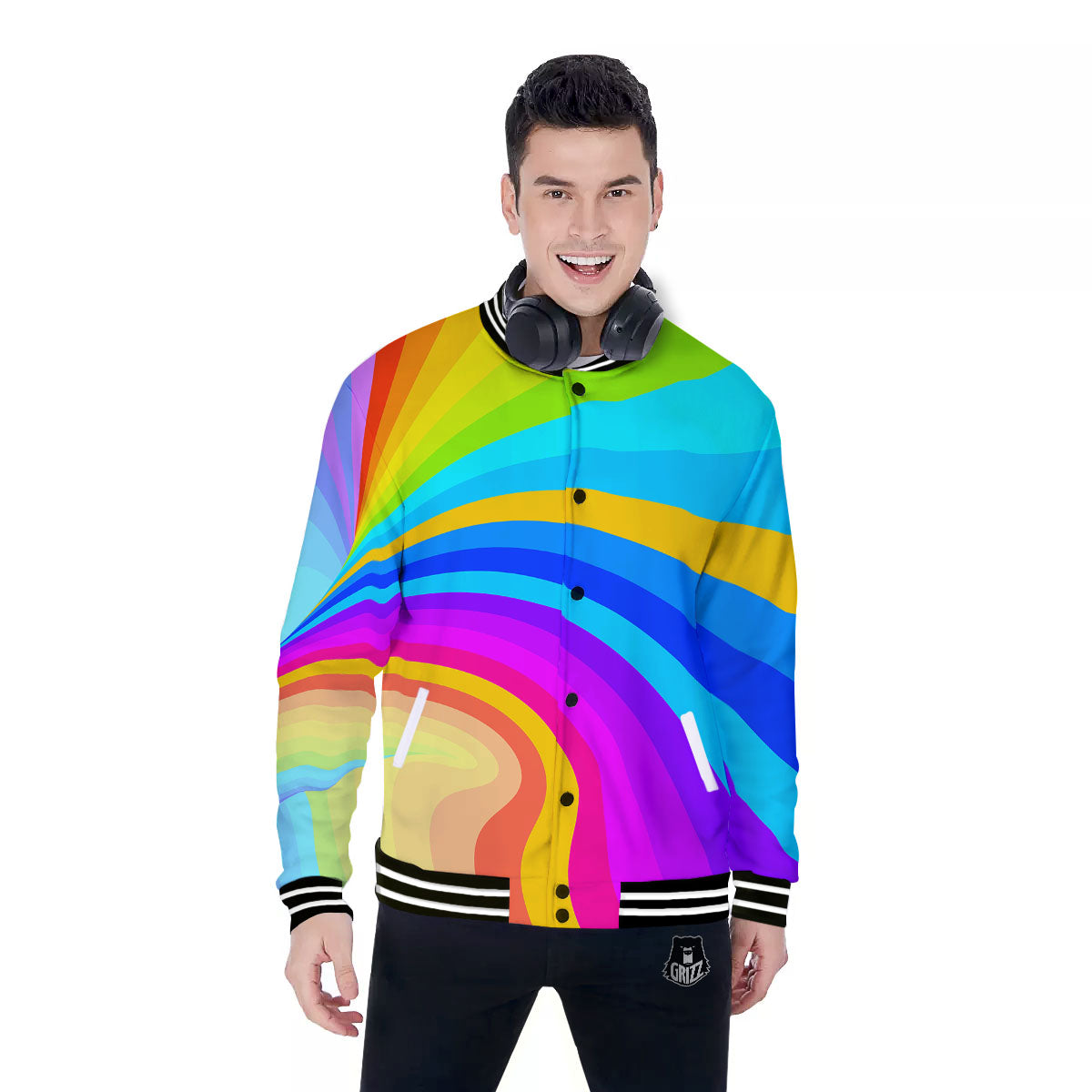 Psychedelic Rainbow Torus Print Baseball Jacket-grizzshop