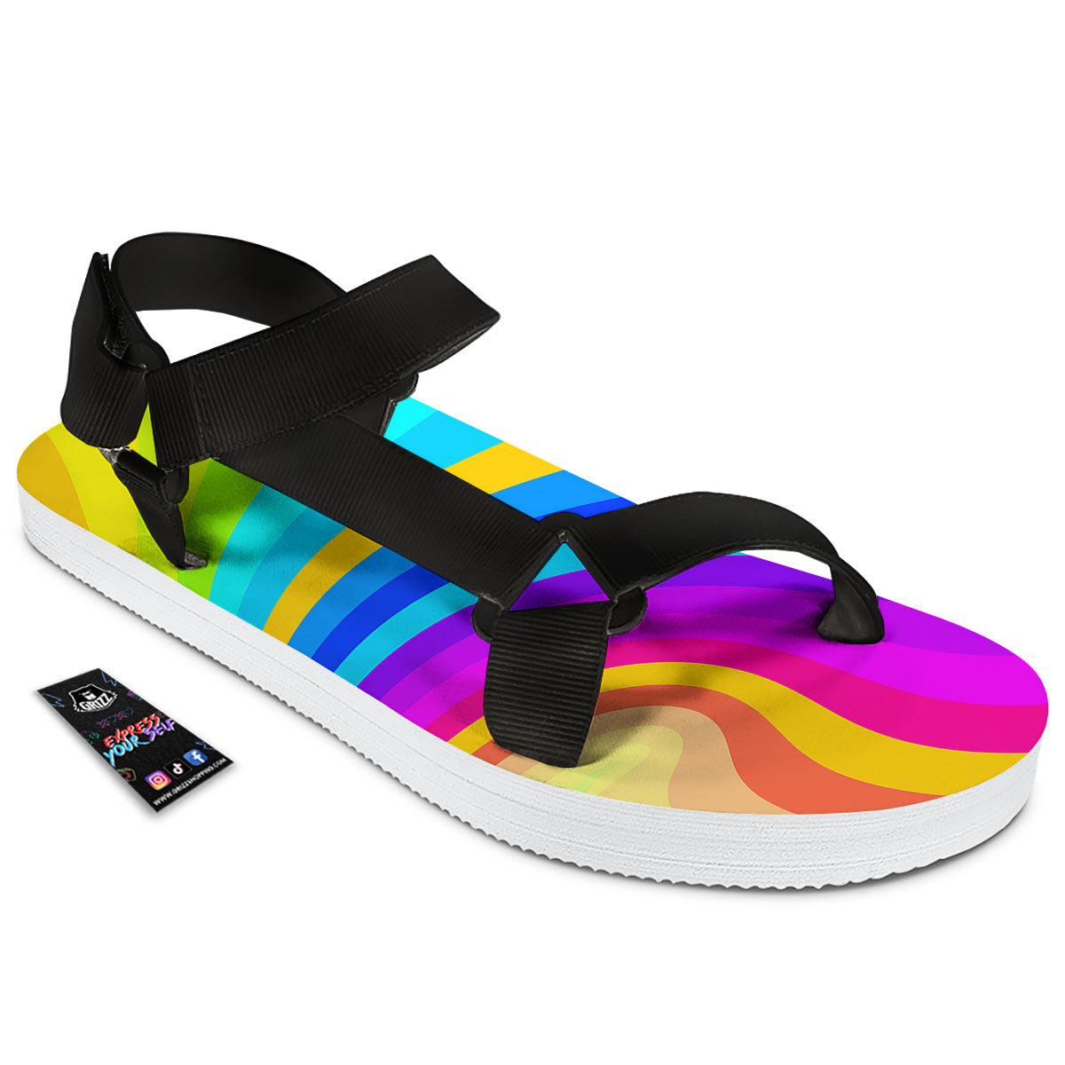 Psychedelic Rainbow Torus Print Black Open Toe Sandals-grizzshop