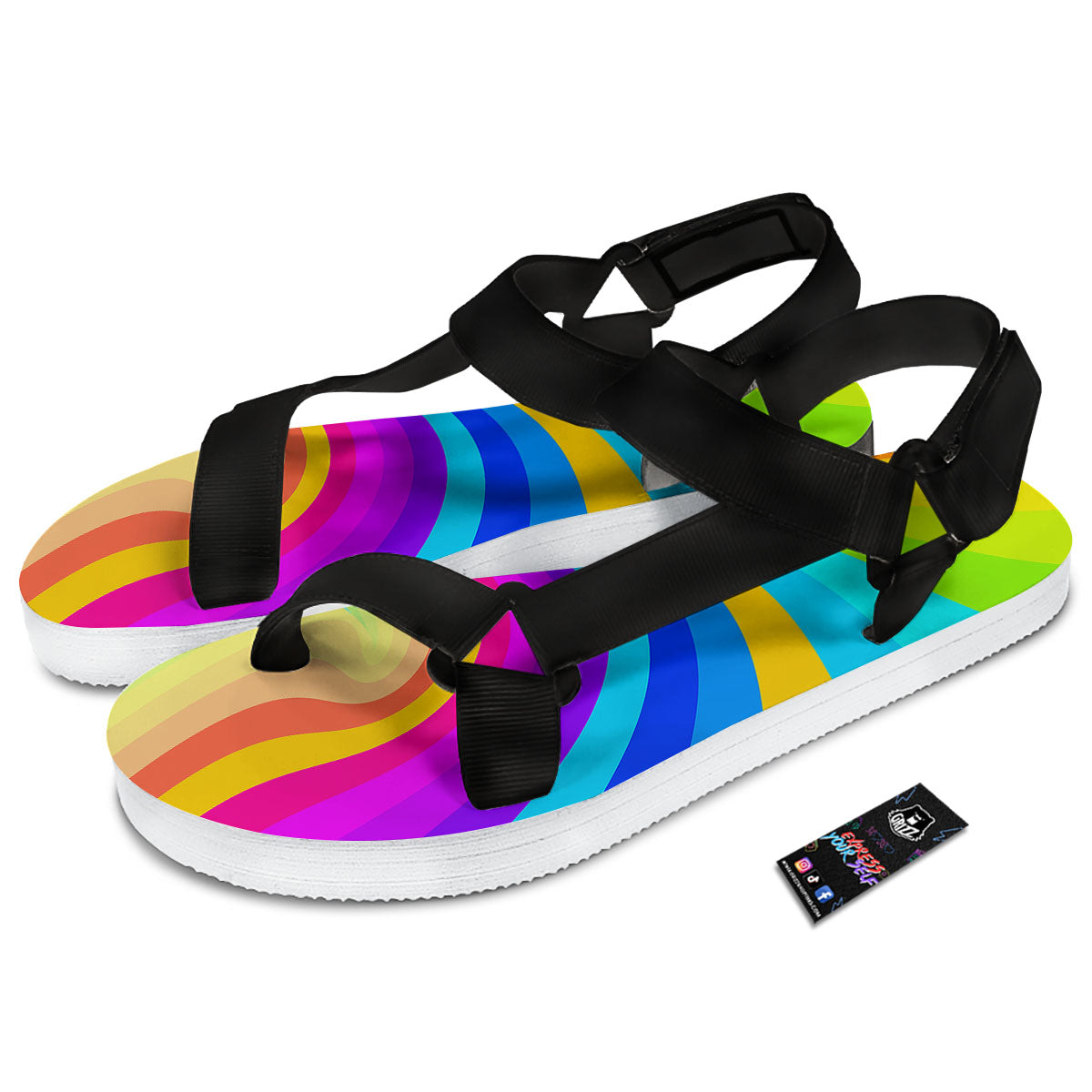 Psychedelic Rainbow Torus Print Black Open Toe Sandals-grizzshop