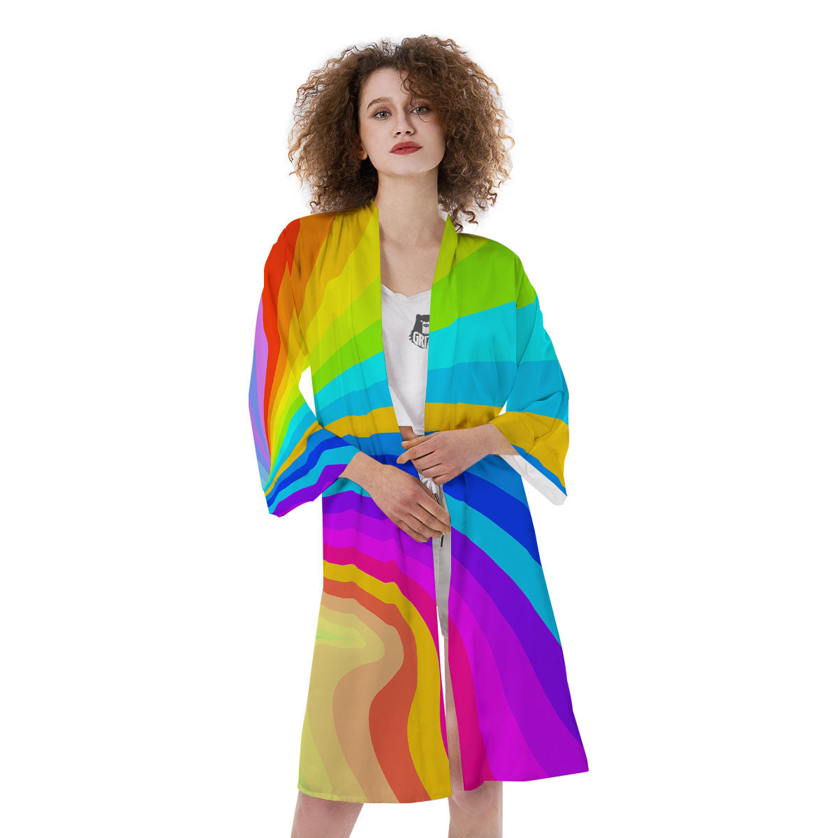 Psychedelic Rainbow Torus Print Kimono-grizzshop