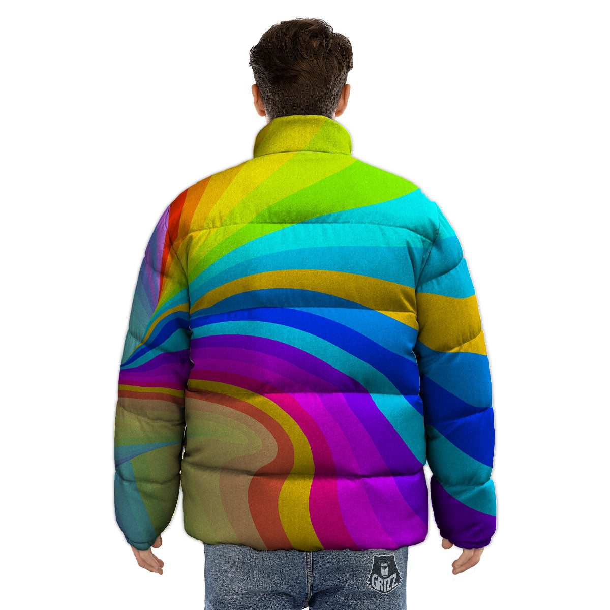 Psychedelic Rainbow Torus Print Puffer Jacket-grizzshop