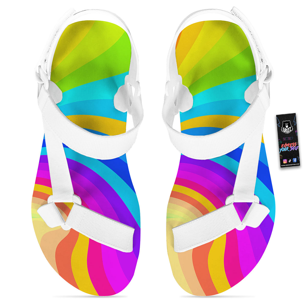 Psychedelic Rainbow Torus Print White Open Toe Sandals-grizzshop