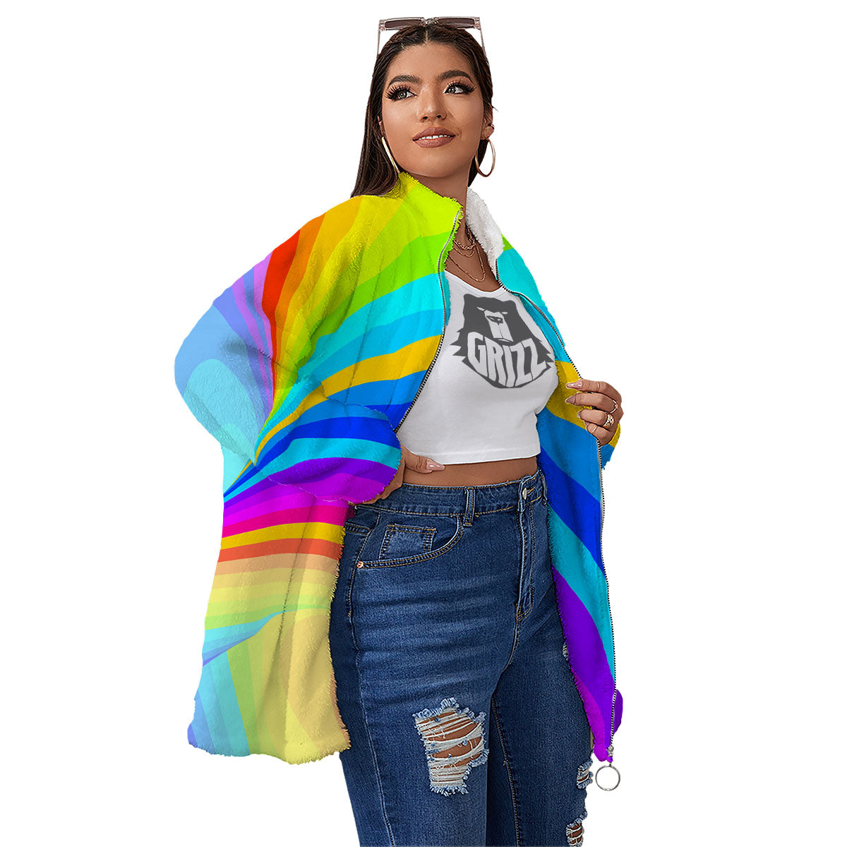 Psychedelic Rainbow Torus Print Women's Sherpa Jacket-grizzshop