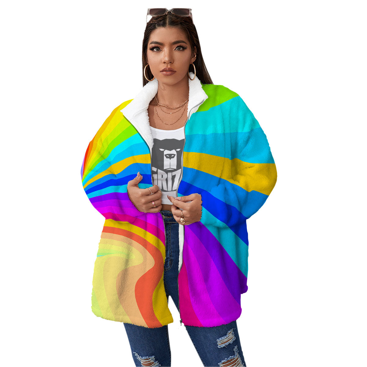 Psychedelic Rainbow Torus Print Women's Sherpa Jacket-grizzshop