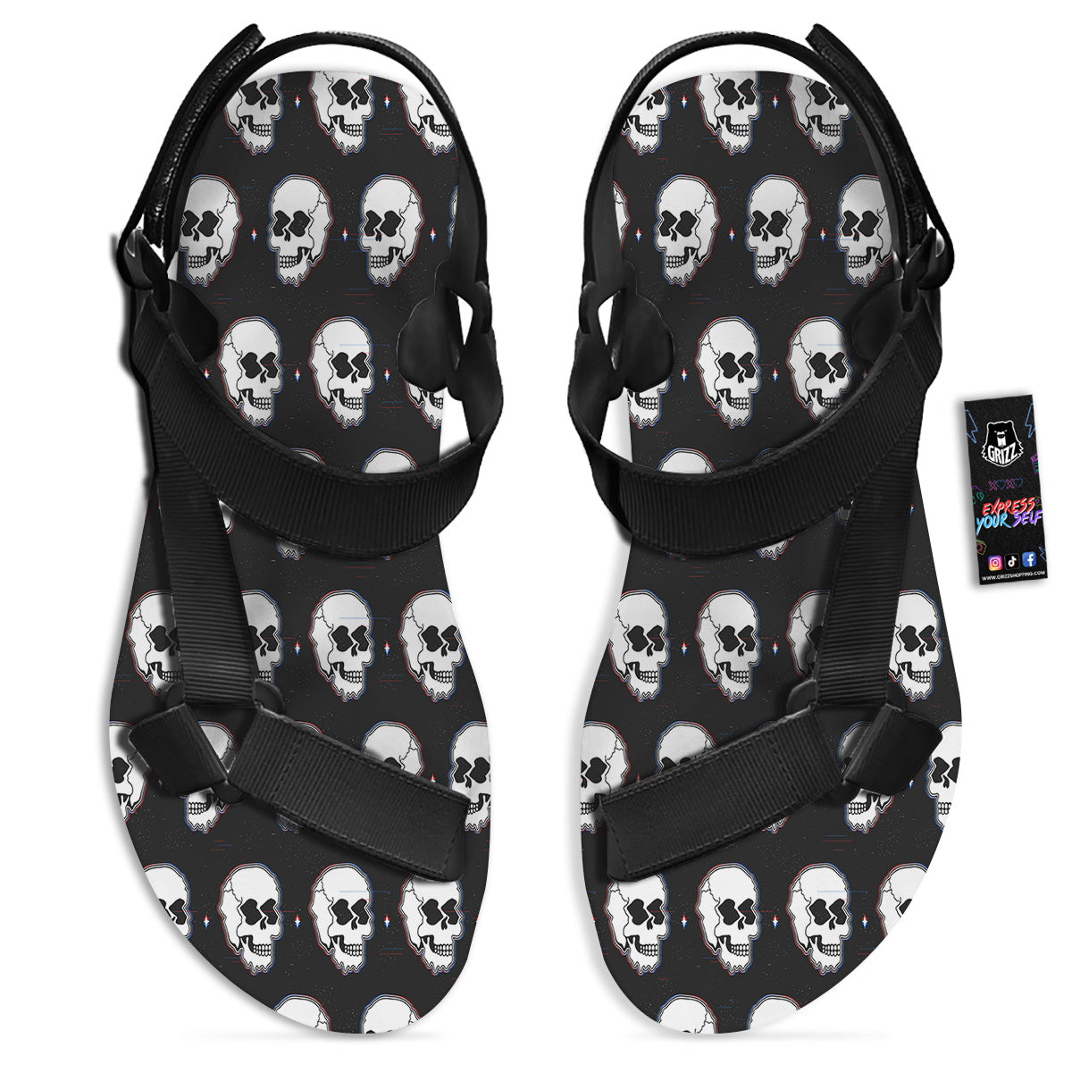 Psychedelic Skull Glitch Print Pattern Black Open Toe Sandals-grizzshop
