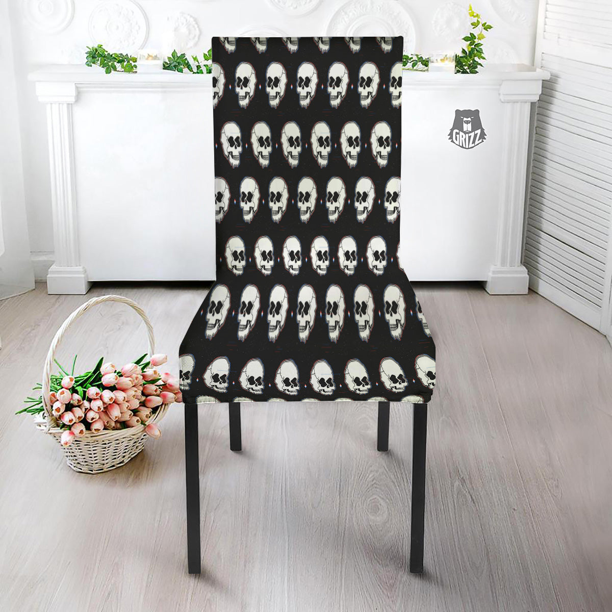 Psychedelic Skull Glitch Print Pattern Dining Chair Slipcover-grizzshop
