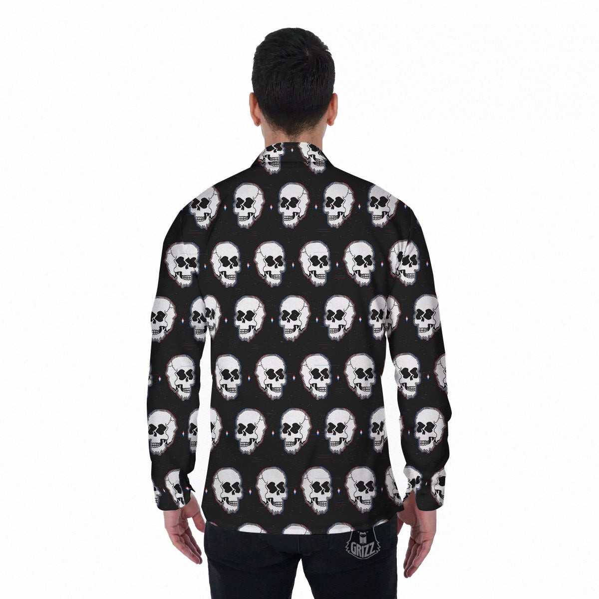 Psychedelic Skull Glitch Print Pattern Men's Long Sleeve Shirts-grizzshop