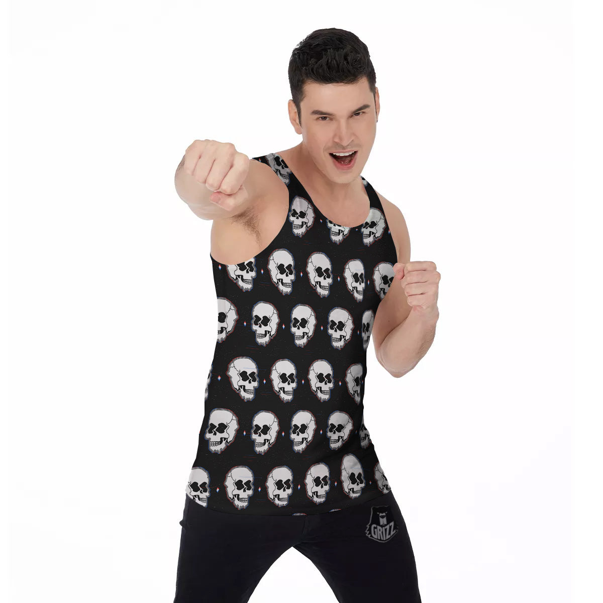 Psychedelic Skull Glitch Print Pattern Men's Tank Top-grizzshop