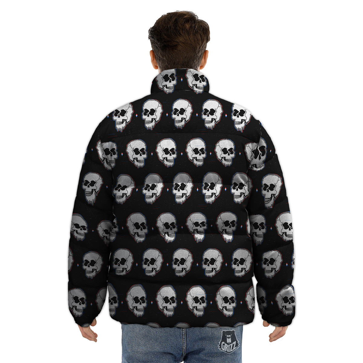 Psychedelic Skull Glitch Print Pattern Puffer Jacket-grizzshop