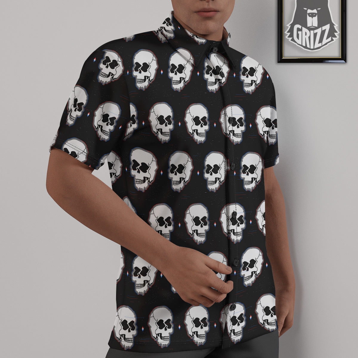 Psychedelic Skull Glitch Print Pattern Untucked Shirts-grizzshop