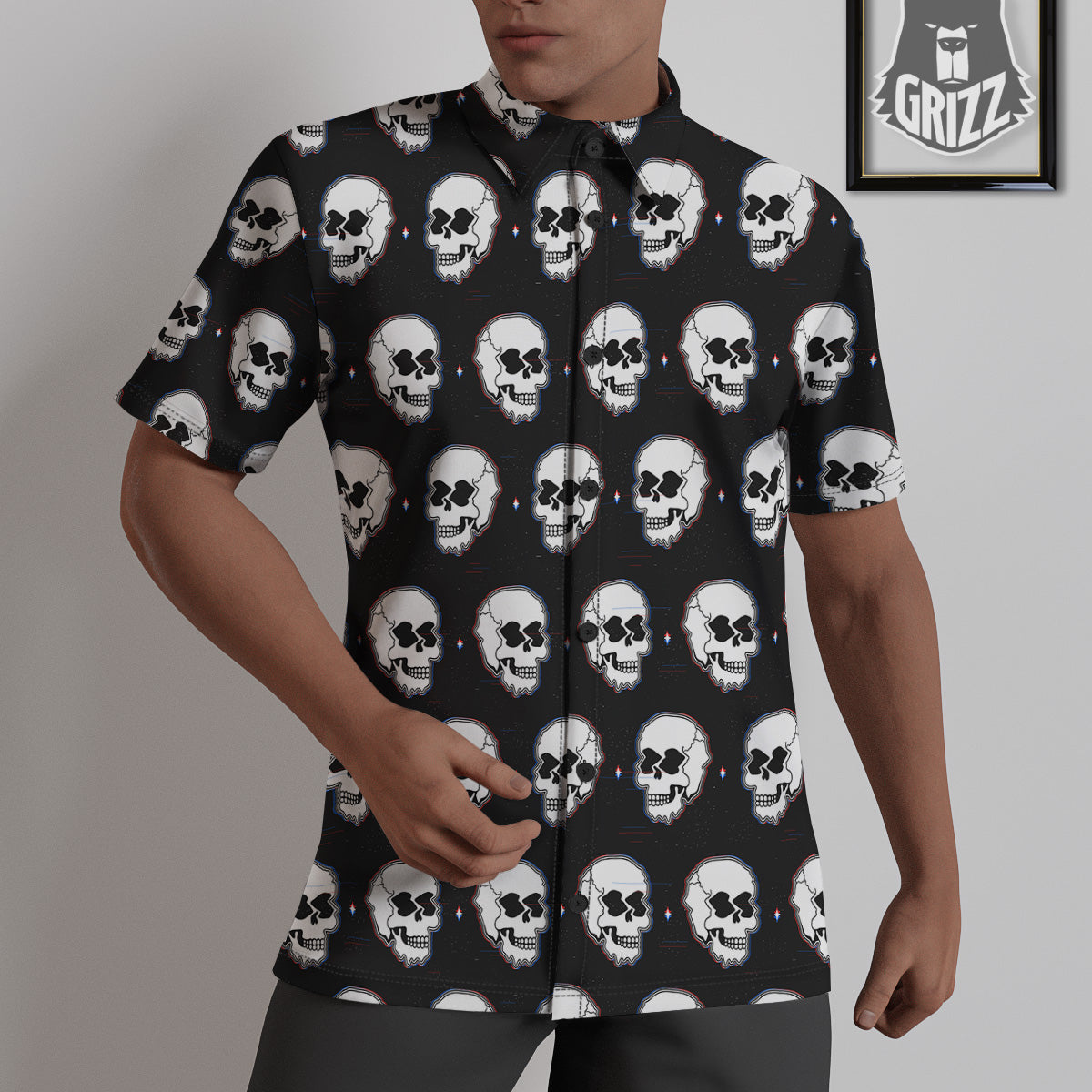 Psychedelic Skull Glitch Print Pattern Untucked Shirts-grizzshop