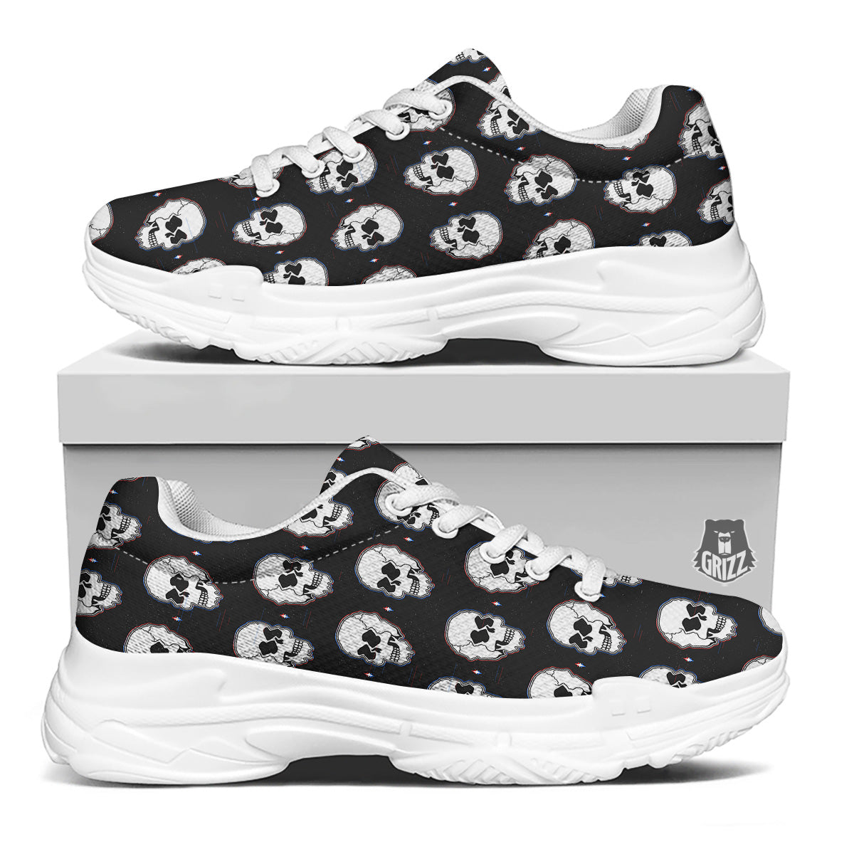 Psychedelic Skull Glitch Print Pattern White Chunky Shoes-grizzshop