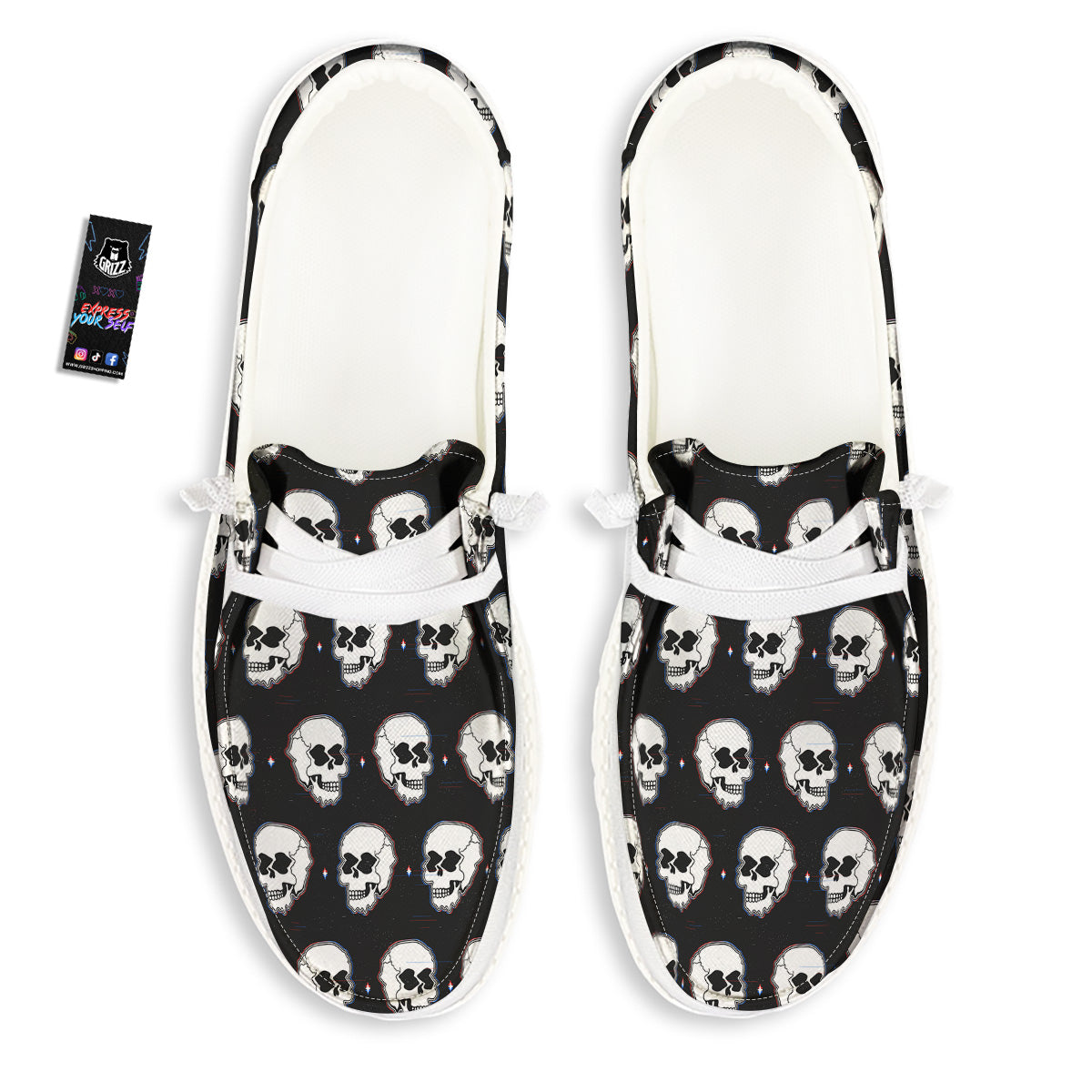 Psychedelic Skull Glitch Print Pattern White Loafers-grizzshop
