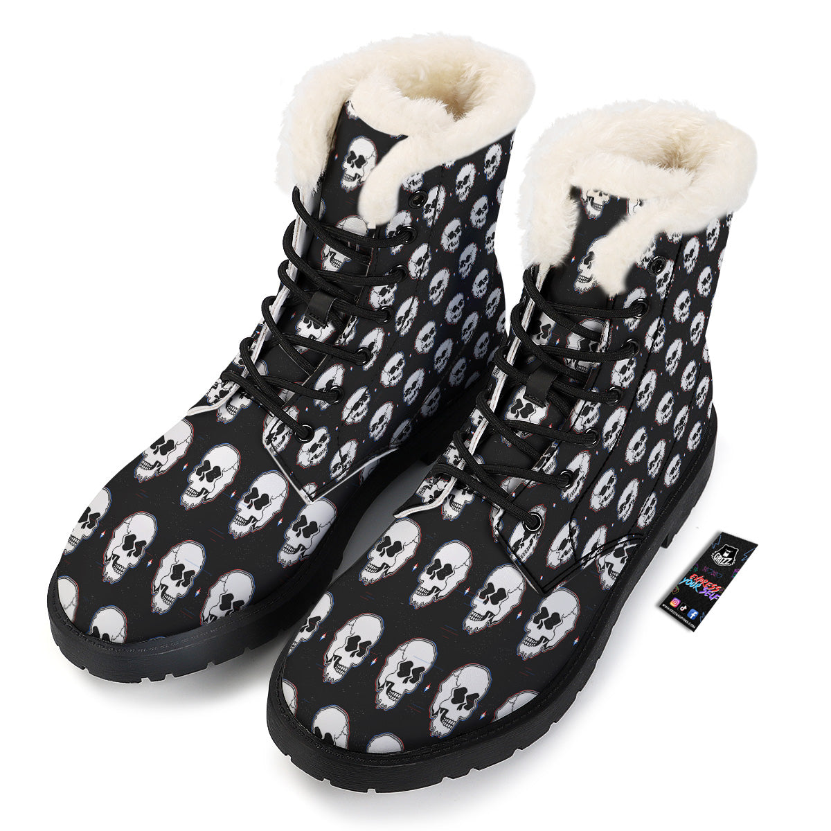 Psychedelic Skull Glitch Print Pattern Winter Boots-grizzshop