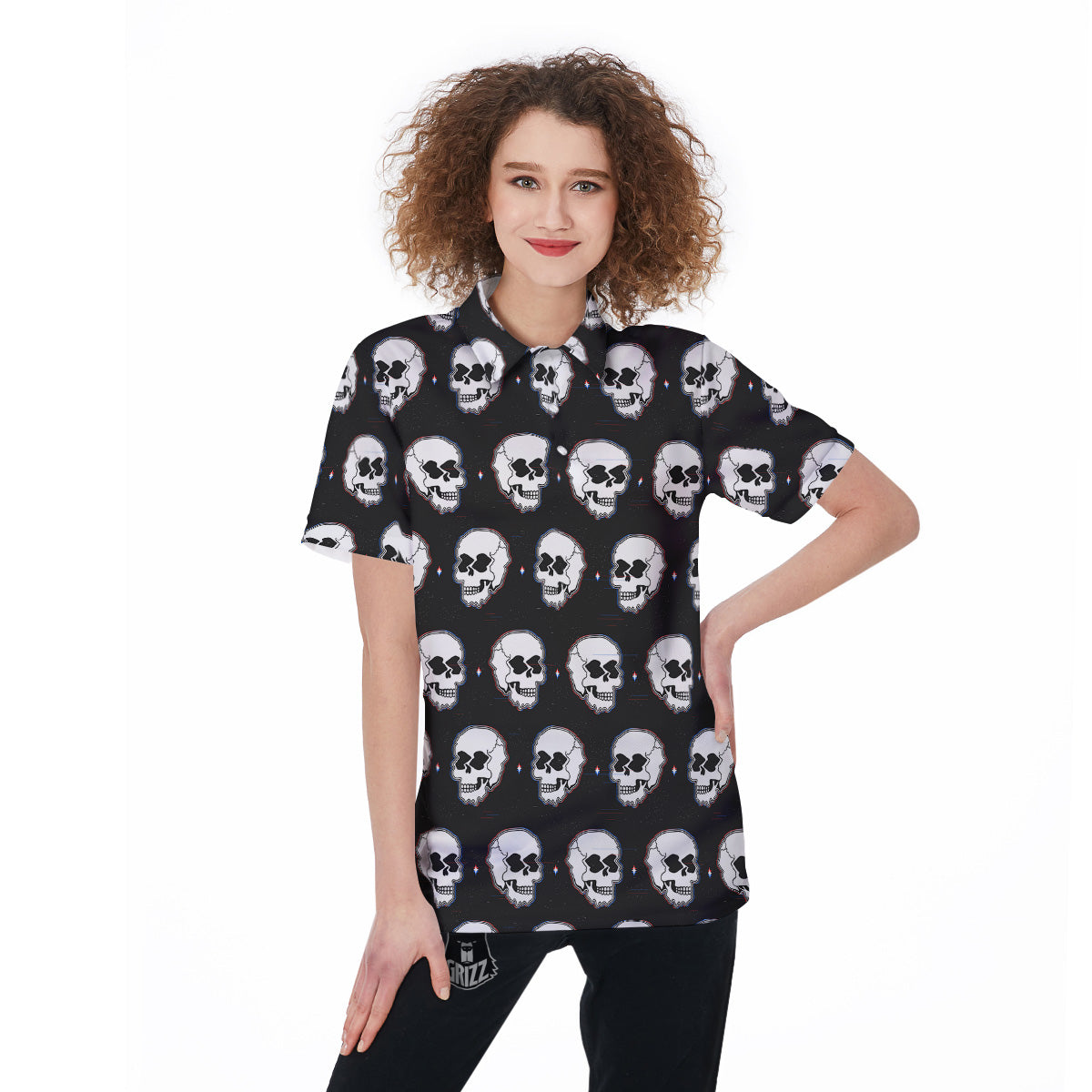Psychedelic Skull Glitch Print Pattern Women's Golf Shirts-grizzshop