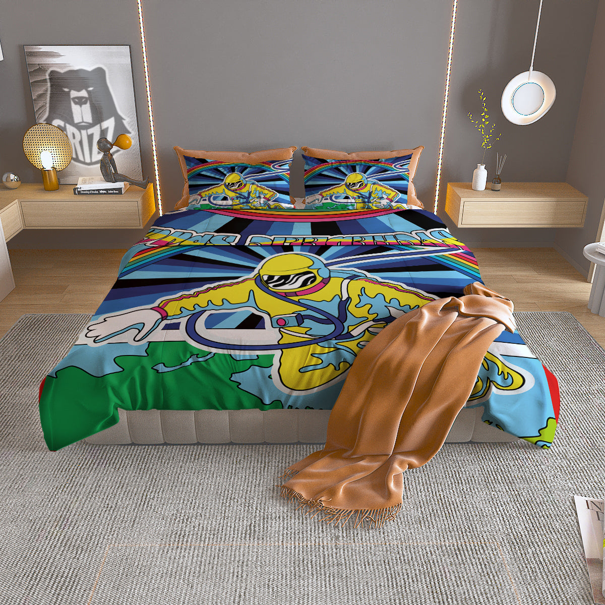 Psychedelic Space And Astronaut Print Duvet Cover Bedding Set