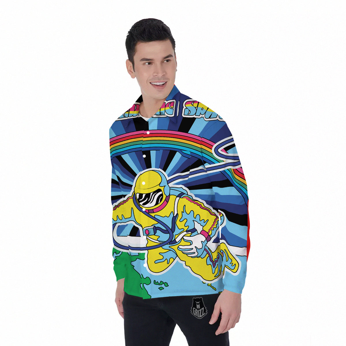 Psychedelic Space And Astronaut Print Men's Long Sleeve Shirts-grizzshop