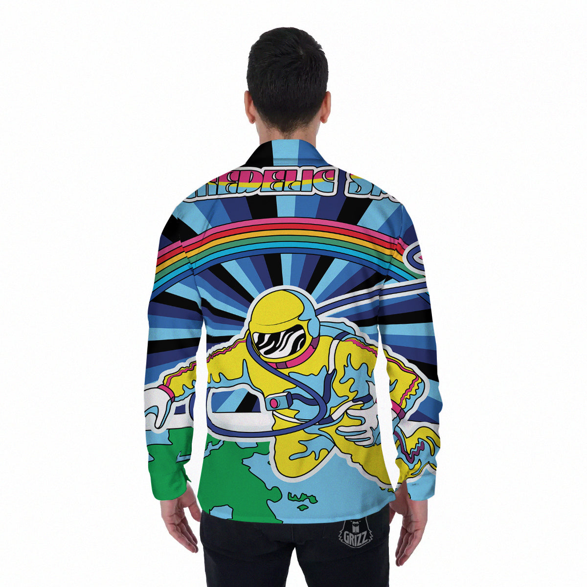 Psychedelic Space And Astronaut Print Men's Long Sleeve Shirts-grizzshop