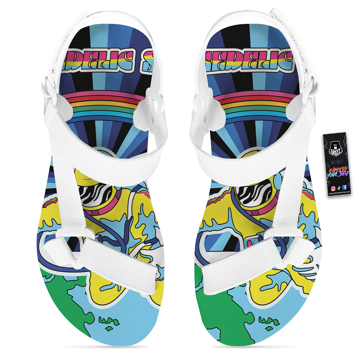 Psychedelic Space And Astronaut Print White Open Toe Sandals-grizzshop