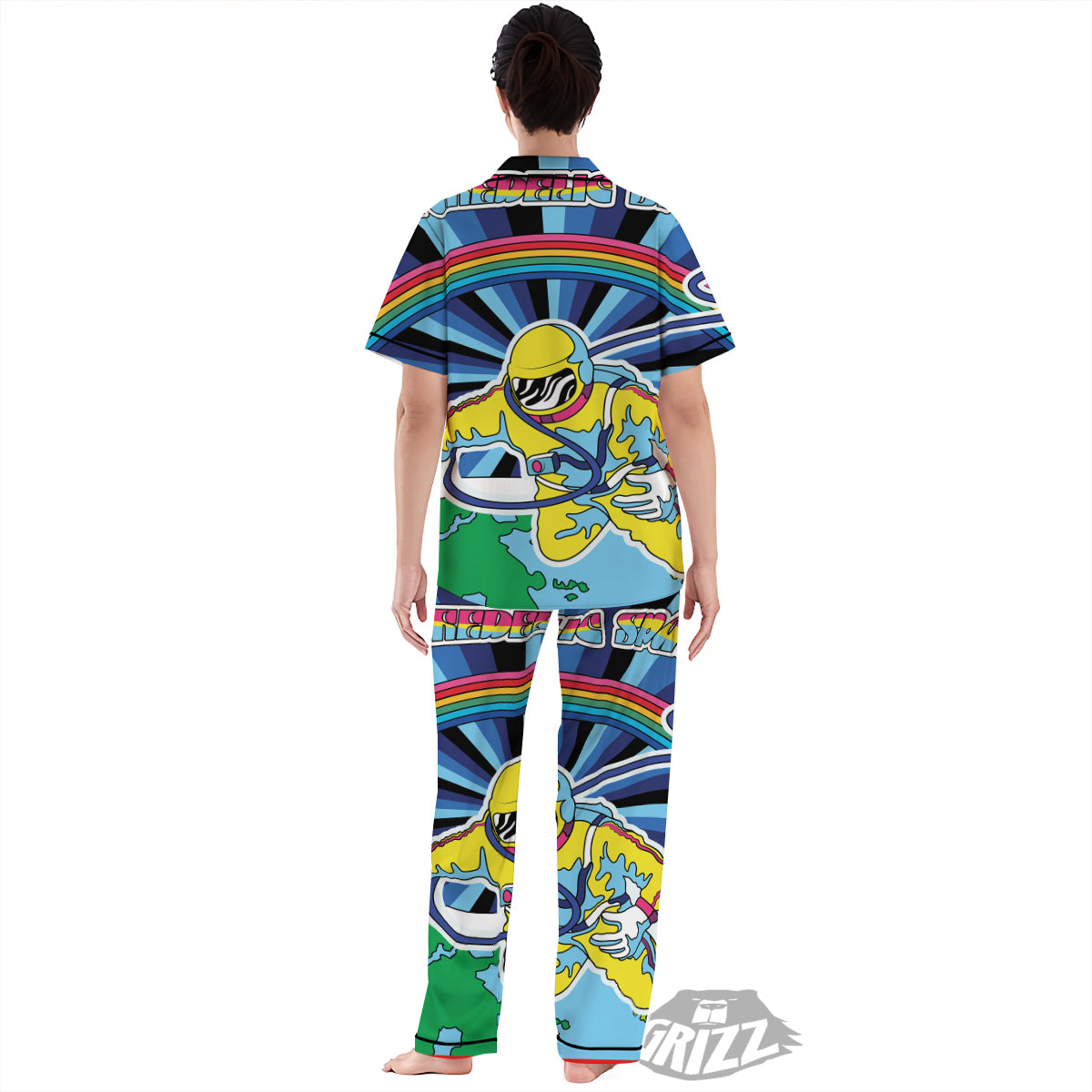 Psychedelic Space And Astronaut Print Women's Pajamas Set-grizzshop