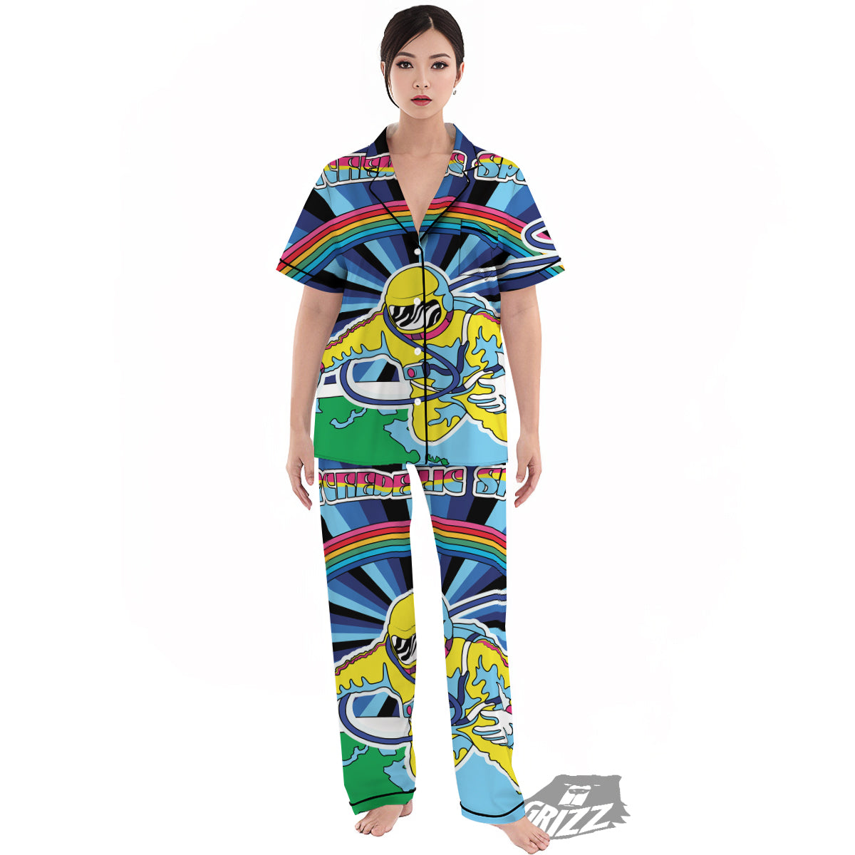 Psychedelic Space And Astronaut Print Women's Pajamas Set-grizzshop