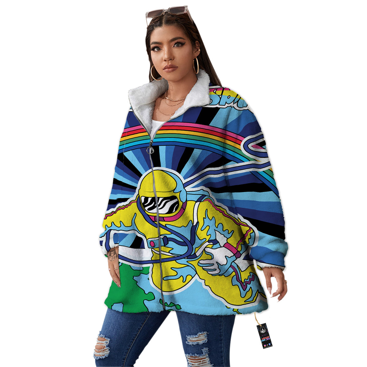 Psychedelic Space And Astronaut Print Women's Sherpa Jacket-grizzshop