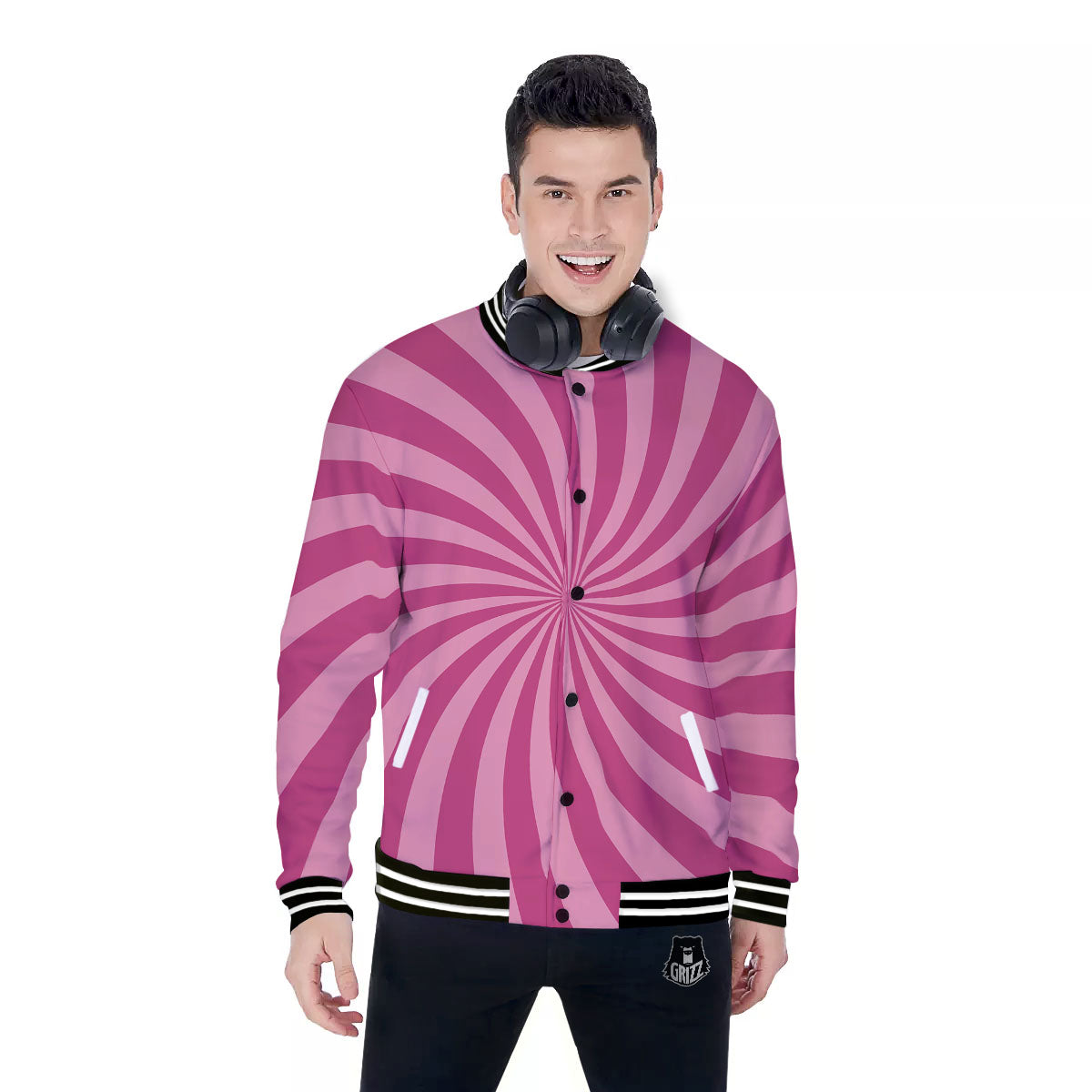 Psychedelic Swirl Pink Print Baseball Jacket-grizzshop