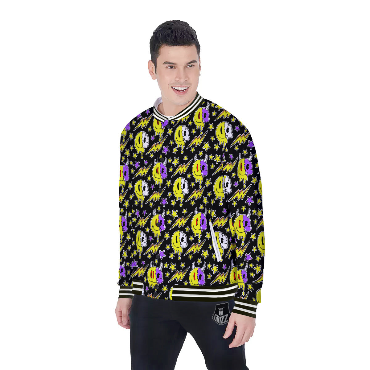 Psychedelic Trippy Acid Emoji Print Pattern Baseball Jacket-grizzshop