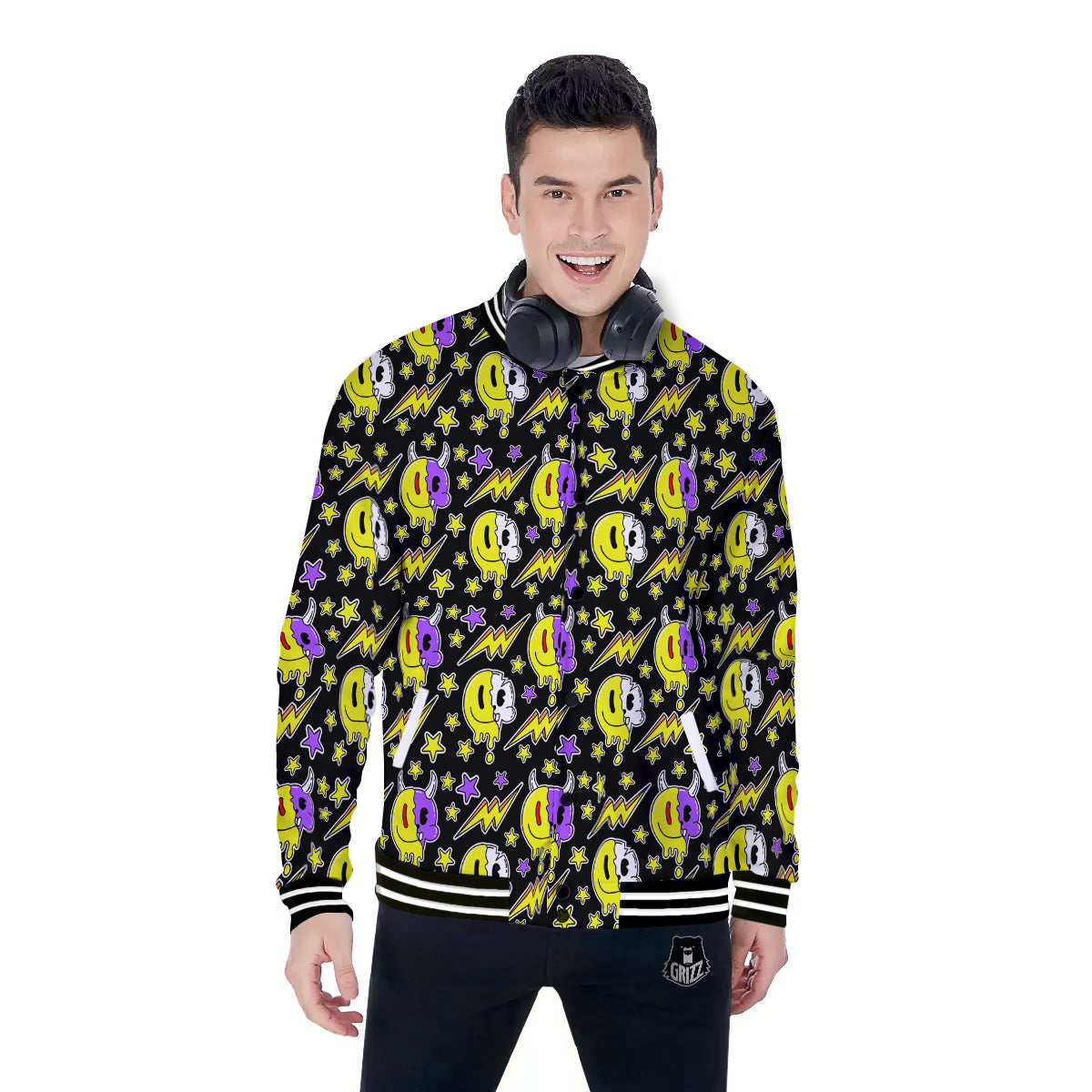 Psychedelic Trippy Acid Emoji Print Pattern Baseball Jacket-grizzshop