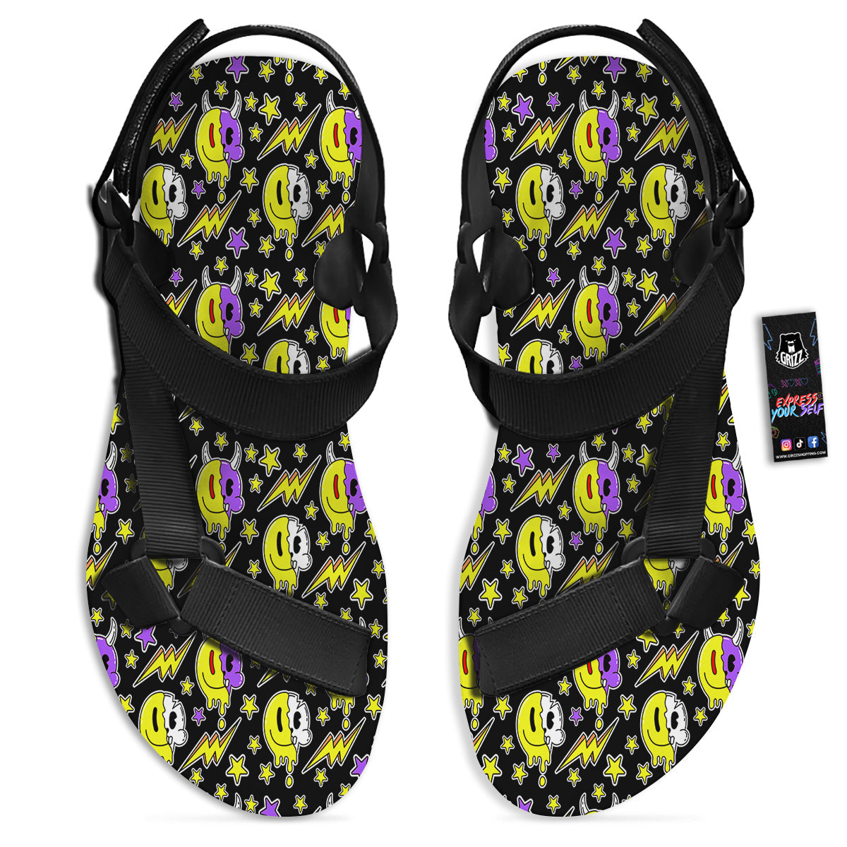 Psychedelic Trippy Acid Emoji Print Pattern Black Open Toe Sandals-grizzshop