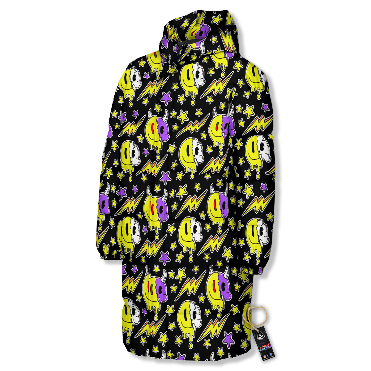 Psychedelic Trippy Acid Emoji Print Pattern Long Down Jacket-grizzshop