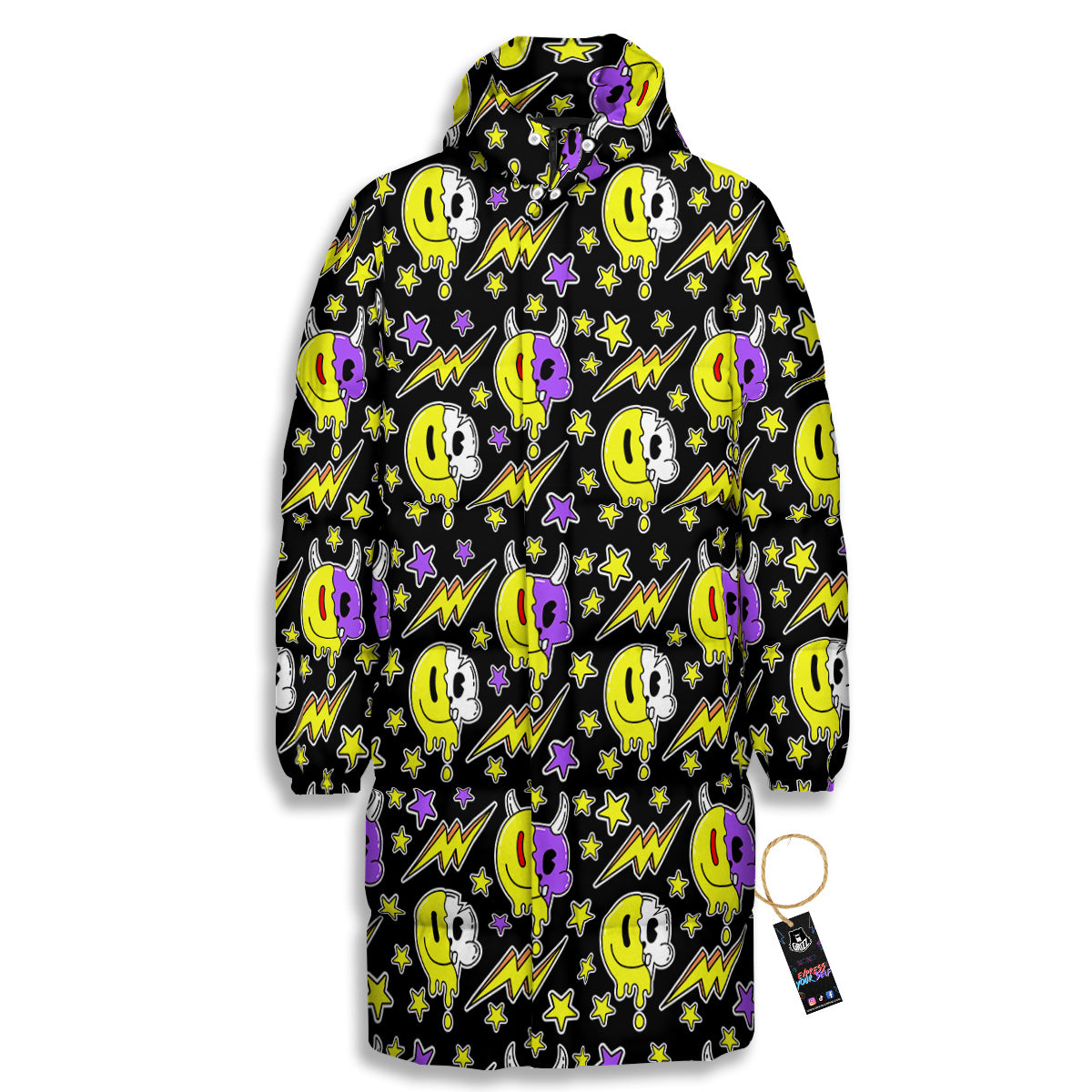 Psychedelic Trippy Acid Emoji Print Pattern Long Down Jacket-grizzshop